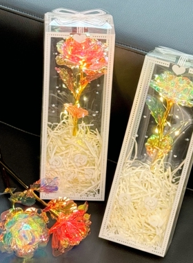 新款七彩炫光玫瑰花束仿真永生花装饰摆件拍照道具生日礼物送女友