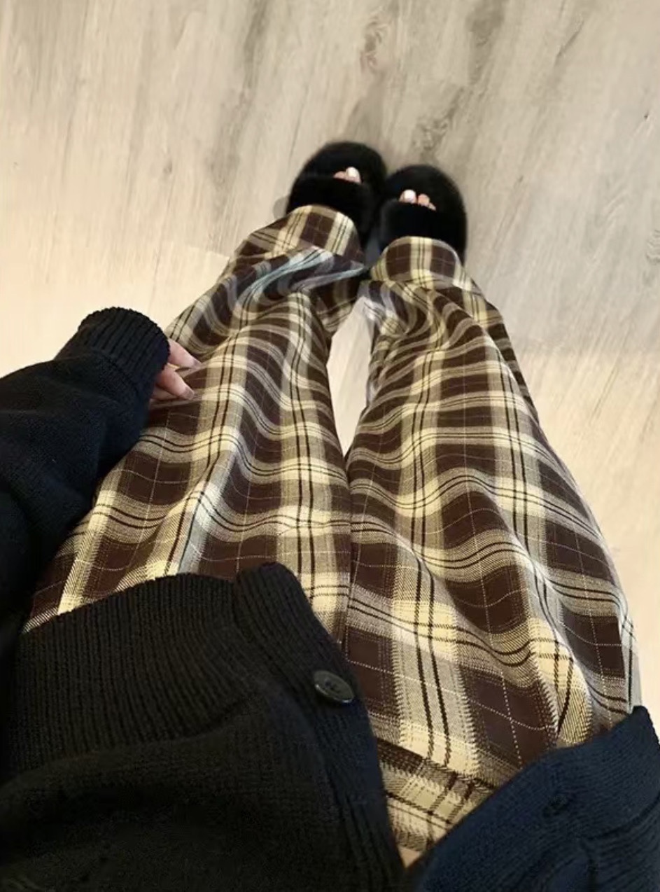 拍2件！秋冬新款加绒羊羔绒格子阔腿裤