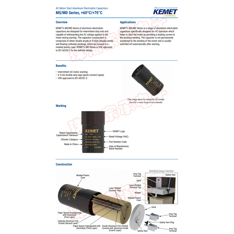 80uF26 0VAC KEMET基美 080MS26AAMK1STD 压缩机启动电容器 - 图0