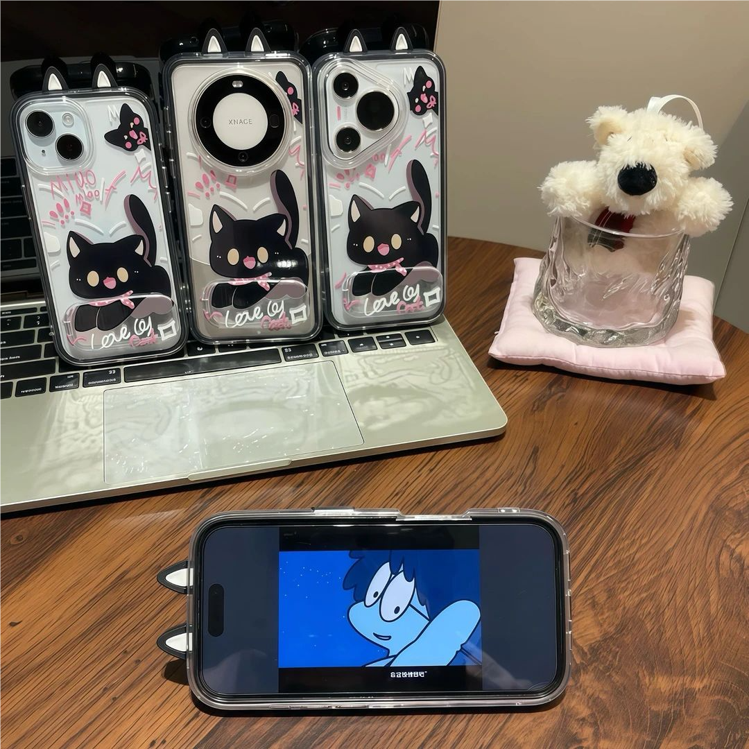 适用iPhone17/16promax可爱小黑猫卡通猫耳手机壳华为Pura80pro简约mate80小众小米17/15防摔vivos30女FindX9,淘宝优惠券,粉丝福利购,淘宝优惠卷