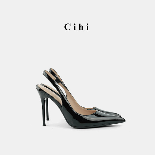 Cihi设计长期主义尖头细跟设计师单品亮面浅口包头后空高跟凉鞋