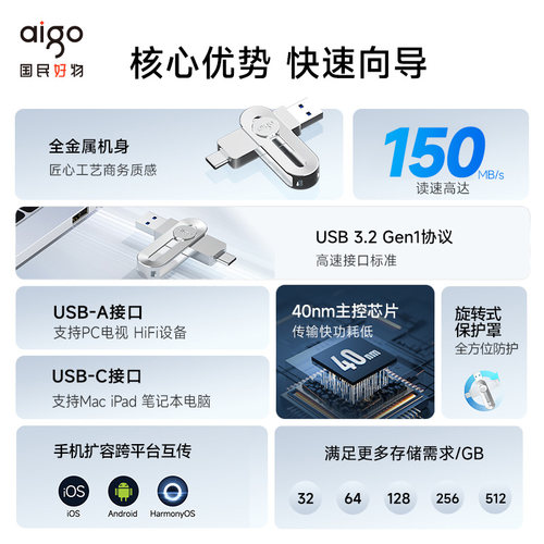 爱国者u盘typec双接口高速usb手机电脑两用优盘大容量定制刻字64g - 图0