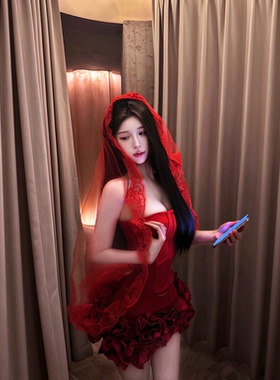 万圣节吸血鬼新娘红蕾丝头纱
