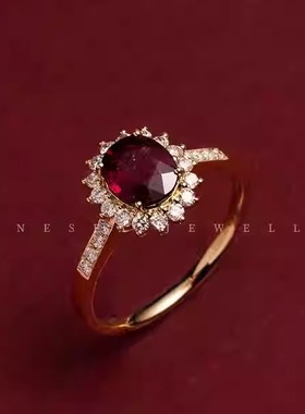 s925纯银镀18K金天然红宝石戒指吊坠耳钉套装女款精致气质百搭