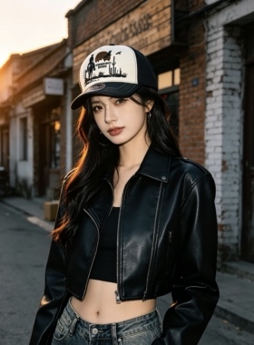 落日飞鹰黑米拼色西部风卡车帽刺绣拼色棒球帽美式复古风卡车帽
