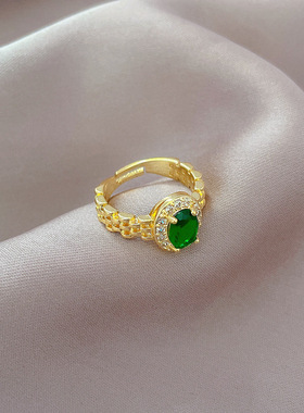 【真金】手表链绿宝石戒指开口可调节款简约手饰日系指环情侣对戒