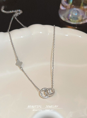 韩版镂空双环吊坠时尚百搭双扣幸运草颈链18K真金电镀钛钢项链女