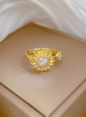 【真金】轻奢花朵满钻戒指开口可调节款简约手饰日系指环情侣对戒