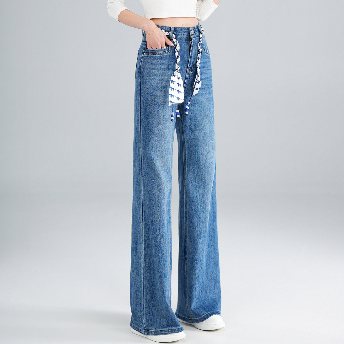 直筒微喇牛仔裤女春季2026新款宽松显瘦复古丝带高腰阔腿筒喇长裤,淘宝优惠券,粉丝福利购,淘宝优惠卷