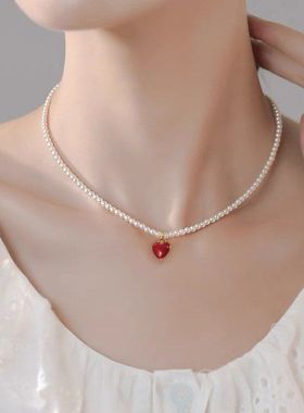 强光颈桃心女珍珠项链新款正圆