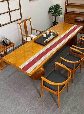 实木办公大板桌原木长条会议桌不规则整板泡茶桌会议洽谈桌椅组合
