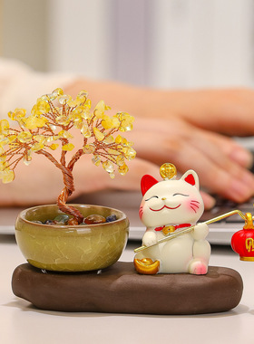 创意可爱招财猫家居摆件水晶发财树办公室桌面装饰品送朋友礼物女