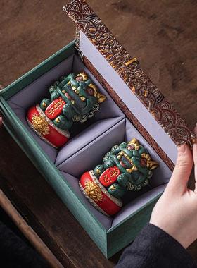 创意小狮子笔搁笔架彩金高档摆件净心喜乐一对礼盒装书房桌面镇纸