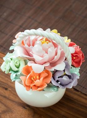 陶瓷手捏瓷花玉兰牡丹摆件新中式招财花家居客厅办公室桌面工艺品