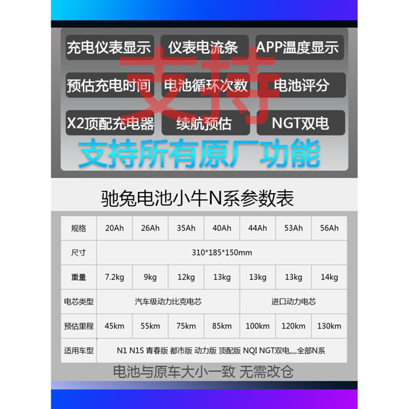 驰兔小牛电动车N1S电池改装锂电池N1直上60V电瓶NGT配件NQI/M+S - 图0