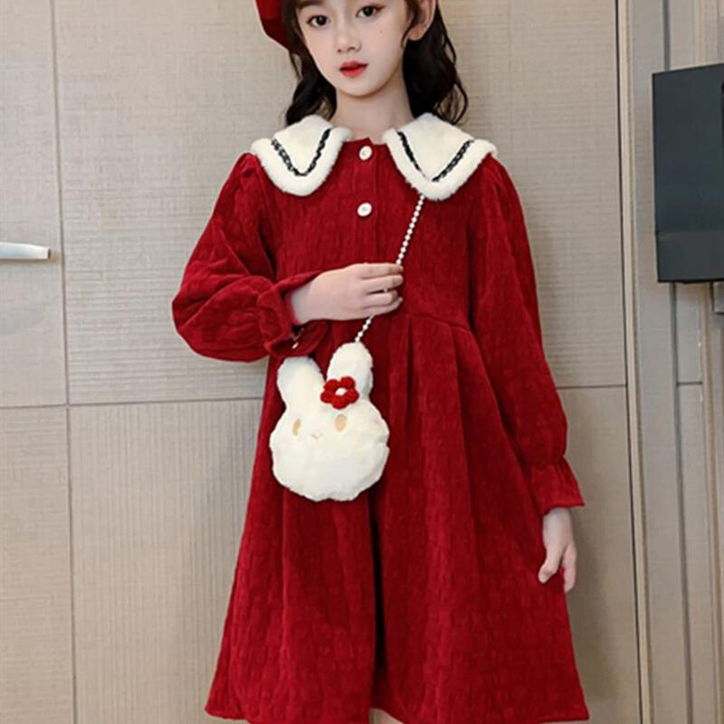 女童连衣裙2023新款秋冬装女孩加绒红色裙子新年过年公主裙秋冬季
