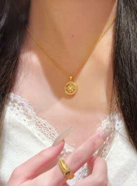 金店同款新中式金色满钻镂空太阳花图腾吊坠项链女精致罗盘锁骨链