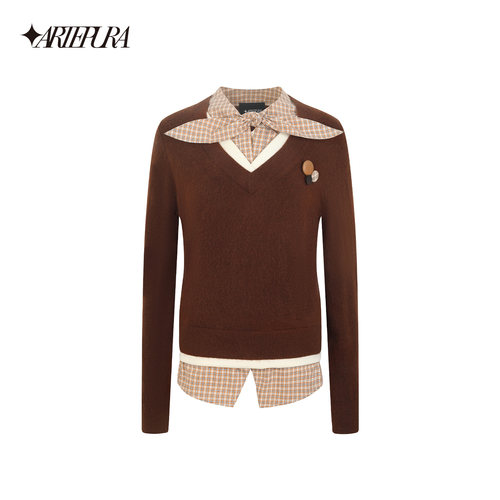 ARTE PURA25秋冬胶囊新款学院风复古格纹绑带衬衫假两件毛织衫女 - 图3