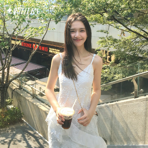 【李兰迪同款】ARTE PURA浅蓝色印花蕾丝花边连衣裙女吊带裙长裙 - 图1