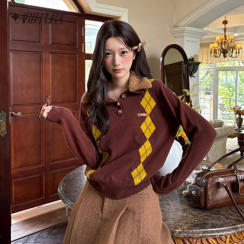 ARTE PURA25秋冬胶囊新款撞色毛领菱格毛针织衫女英伦学院风毛衣 - 图2