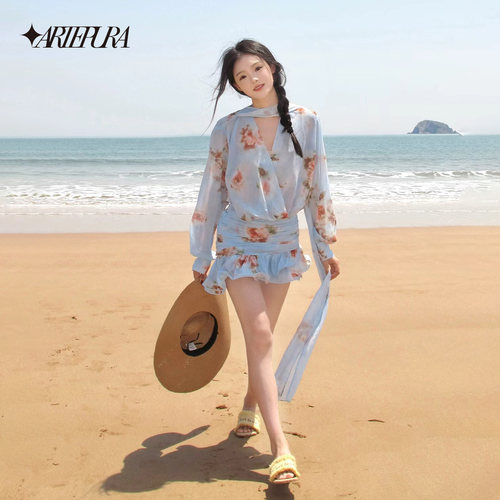 ARTE PURA浅蓝飘带印花连衣裙纯欲v领衬衫短裙海边度假收腰A字裙 - 图3