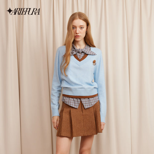 ARTE PURA25秋冬胶囊新款学院风复古格纹绑带衬衫假两件毛织衫女 - 图1