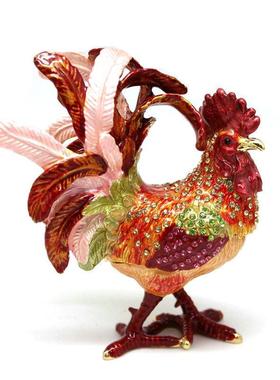 金属招财摆件金鸡祝福新年礼物合金珐瑯凤尾公鸡摆件首饰盒装饰