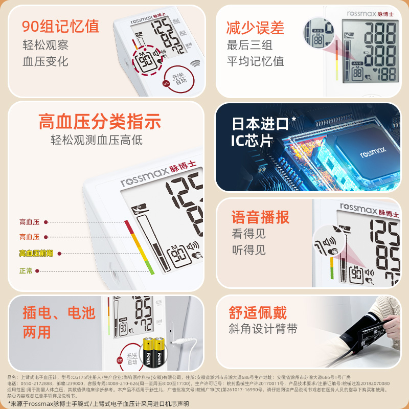 脉博士电子血压计进口芯片医用标准测量仪臂式家用医院专用CG175F - 图0