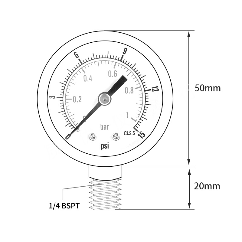 -0300ps0-20bar1/4iB油SPT50mm直径径向压力表气压表水压液压压表 - 图1
