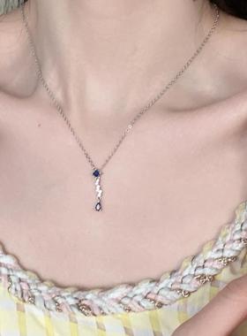 人鱼之泪蓝色锆石吊坠项链女轻奢小众高级感网红同款钛钢锁骨链