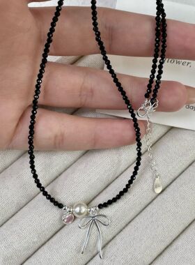 S925纯银珍珠蝴蝶结粉色爱心吊坠