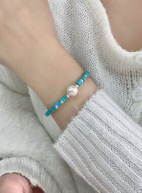 S925纯银绿松石珍珠手链手工串珠