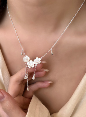 s925纯银樱花雨落花朵流苏项链女