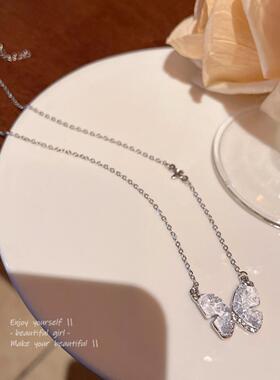 轻奢小众蓝色水晶碎钻蝴蝶项链女