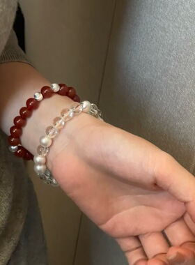 S925银玻璃白水晶红玛瑙猫眼手链