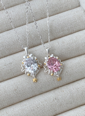 925纯银镶嵌粉钻蝴蝶结星星吊坠