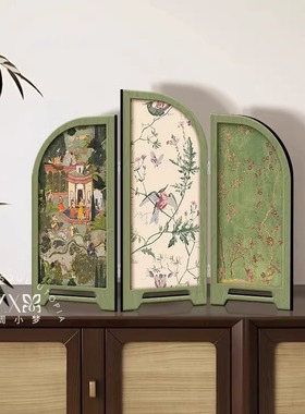 中古风仿古桌面摆件客厅创意小屏风装饰画花鸟山水玄关柜电视柜画