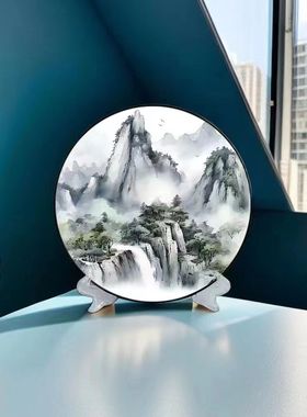 花开富贵摆件山水画圆形桌面摆台中式圆盘摆件客厅玄关书房装饰画