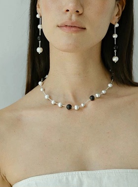 拉丝银球黑檀木串珠项链耳环