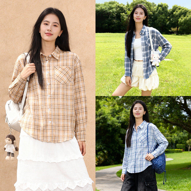 真维斯蓝色格子衬衫女2026新款文艺洋气复古港风宽松长袖上衣外套,淘宝优惠券,粉丝福利购,淘宝优惠卷