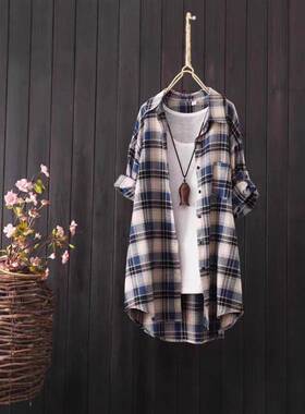 Women's Casual Plaid Shirt Longline Loose Fit Collar Button-