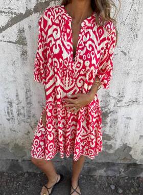 Women's Fashion Dress, Ruffle Short Sleeve Design, Button V