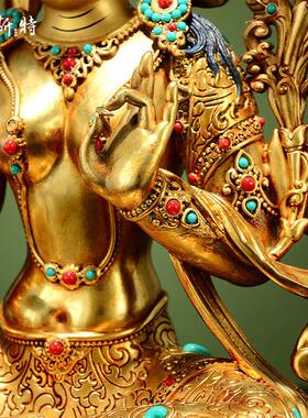 欧斯特全鎏金《绿度母》宝石镶嵌家用《绿多罗观音》铜像摆件
