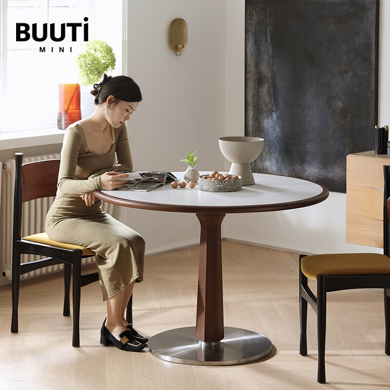 BUUTi/比特中古风实木烤漆内嵌岩板餐桌饭桌洽谈桌咖啡桌网红 - 图0