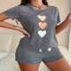 ແມ່ຍິງຫົວໃຈ Love Print Fitted Tee & Elastic Waist Shorts