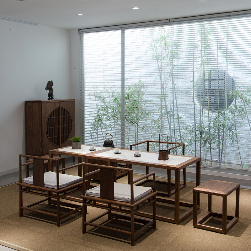 新中式茶桌长桌明式茶台家用实木茶桌椅组合一桌五椅茶台桌椅子 - 图0