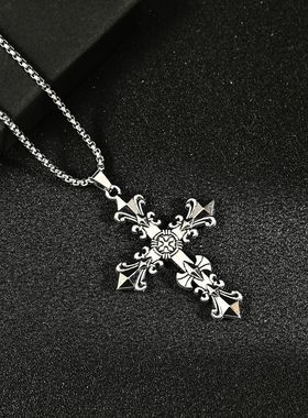 新款小众朋克暗黑复古女十字架钛钢合金毛衣链男生长款情侣项链