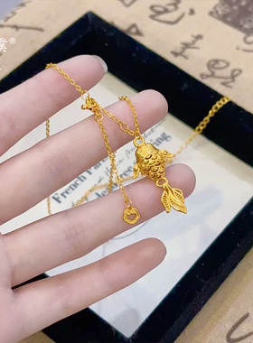 金店同款沙金花丝锦鲤流苏项链女新中式复古好运小金鱼锁骨链