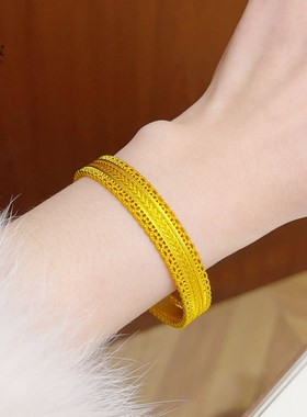 古法越南沙金镂空腰缠万贯手镯闭口花丝编织防真黄金镯子精致女