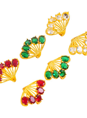 越南沙金999不掉色镶嵌彩锆凤尾戒指夸张个性轻奢扇形食指戒指环